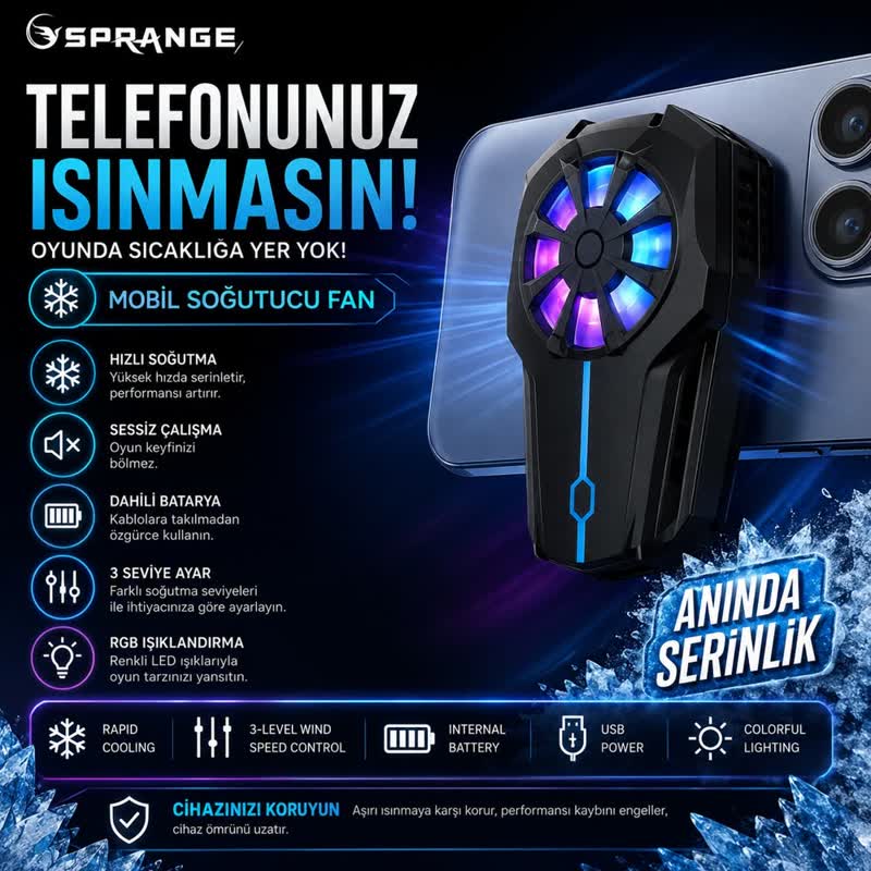Sprange Bataryalı 3 Kademeli RGB Telefon Soğutucu