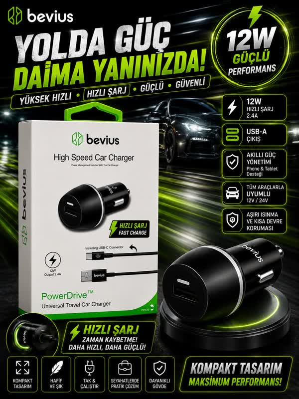 Bevius PowerDrive 12W USB Araç Şarj Adaptörü