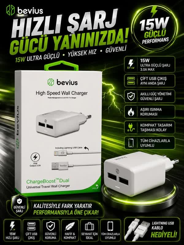 Bevius 15W Çift USB Lightning Şarj Seti - Görsel 1