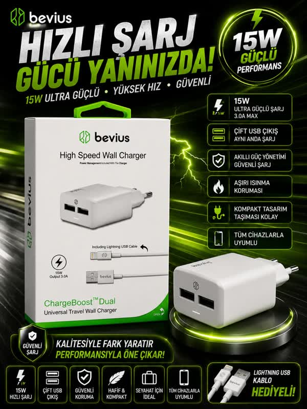 Bevius 15W Çift USB Lightning Şarj Seti