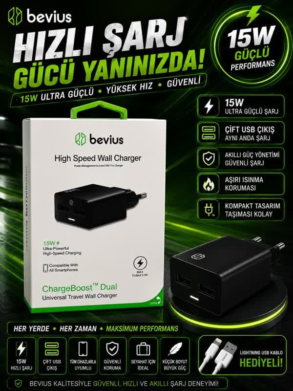Bevius 15W Çift USB Şarj Adaptörü