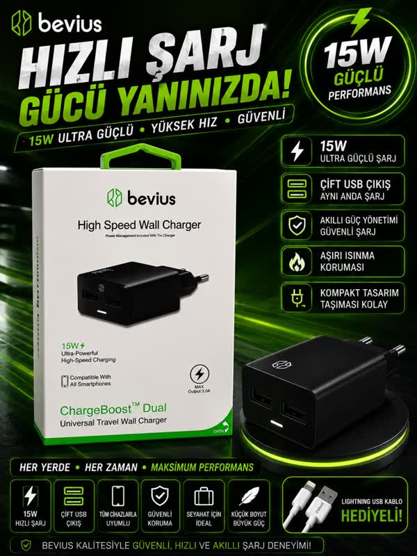 Bevius 15W Çift USB Şarj Adaptörü