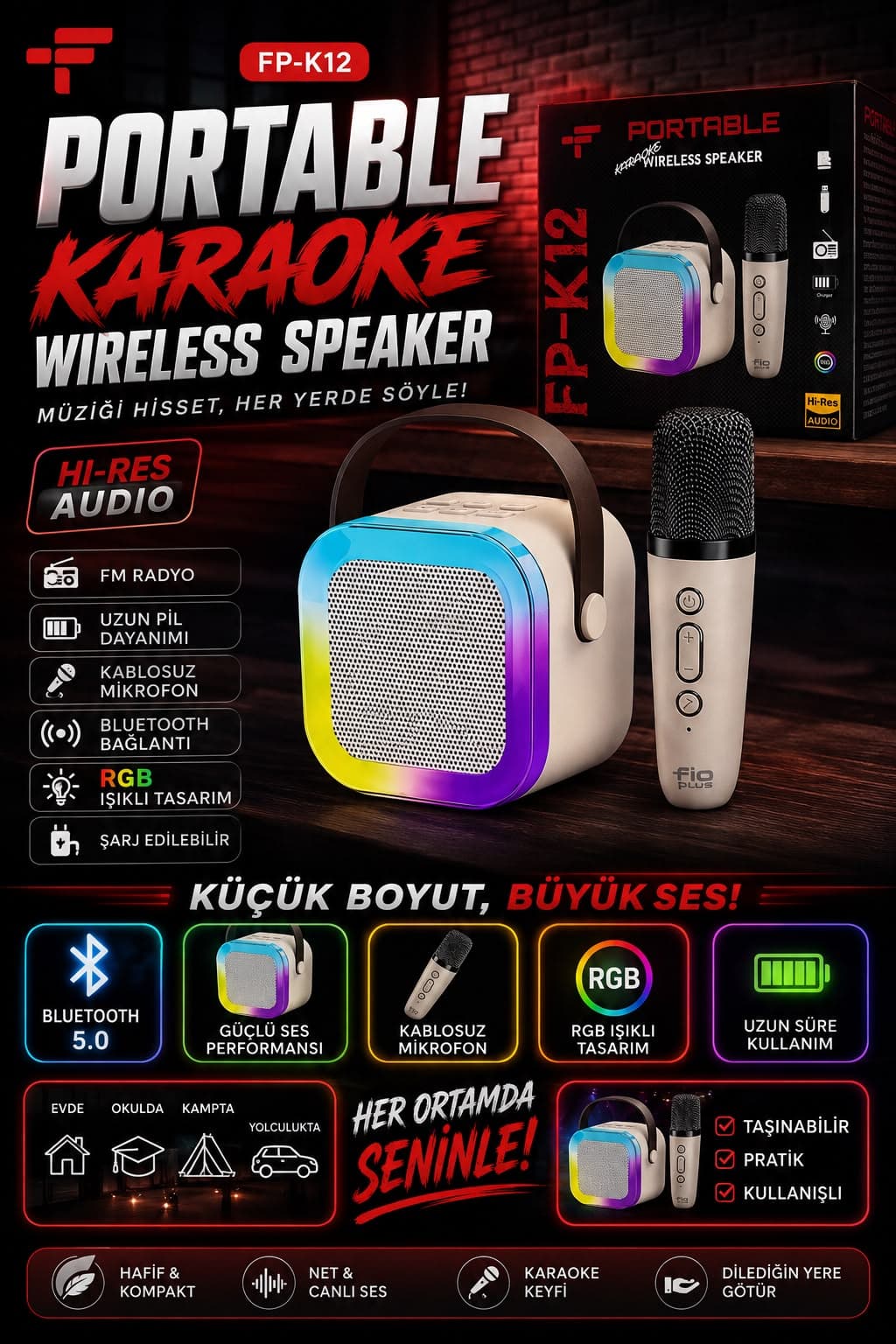 Karaoke Mi̇krofonlu Güçlü Ses - Güçlü Performans Hoparlör - Görsel 1