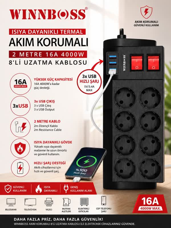 8 Port USB'li Akım Korumalı Priz