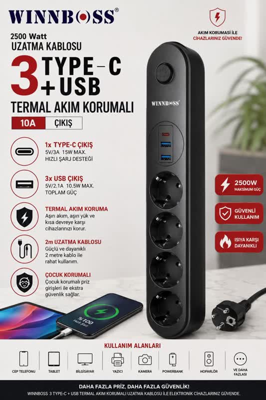 4 Port Akım Korumalı Priz