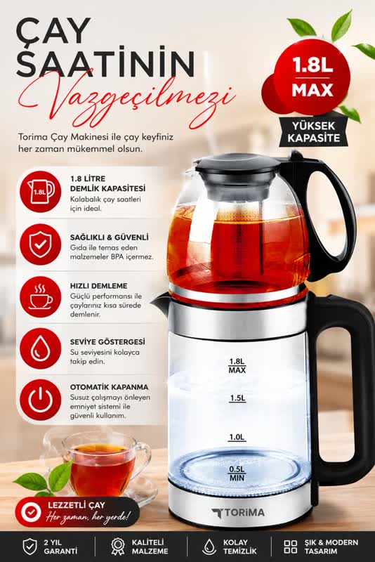 Torima 1,8 L Cam Demlikli Çay Makinesi