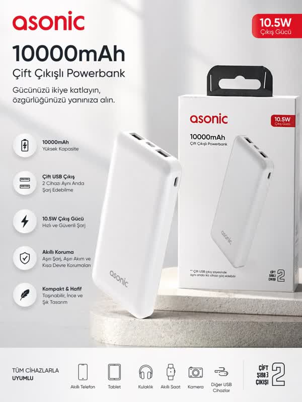 Asonic 10.000 mAh 10.5W Çift USB Powerbank