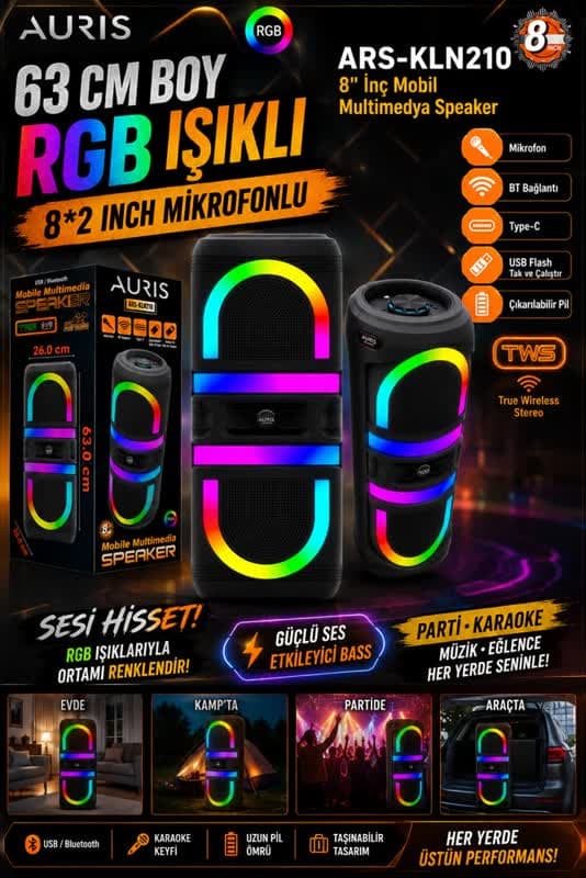 63 cm RGB Mikrofonlu Taşınabilir Hoparlör