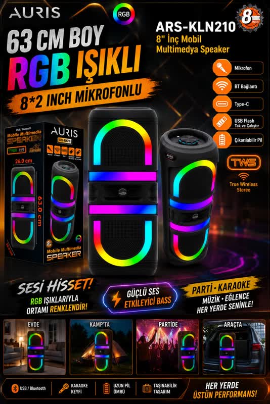 63 cm RGB Mikrofonlu Taşınabilir Hoparlör