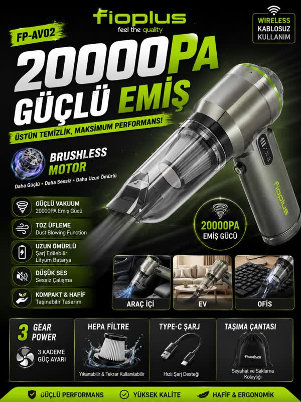 Fioplus FP-AV02 20.000 Pa Kablosuz Araç Süpürgesi