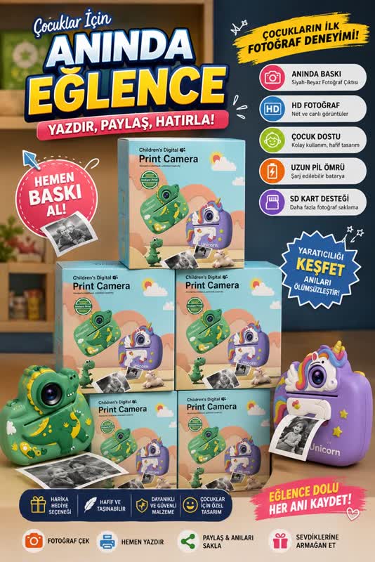 4 Rulolu Anında Baskılı Çocuk Kamerası