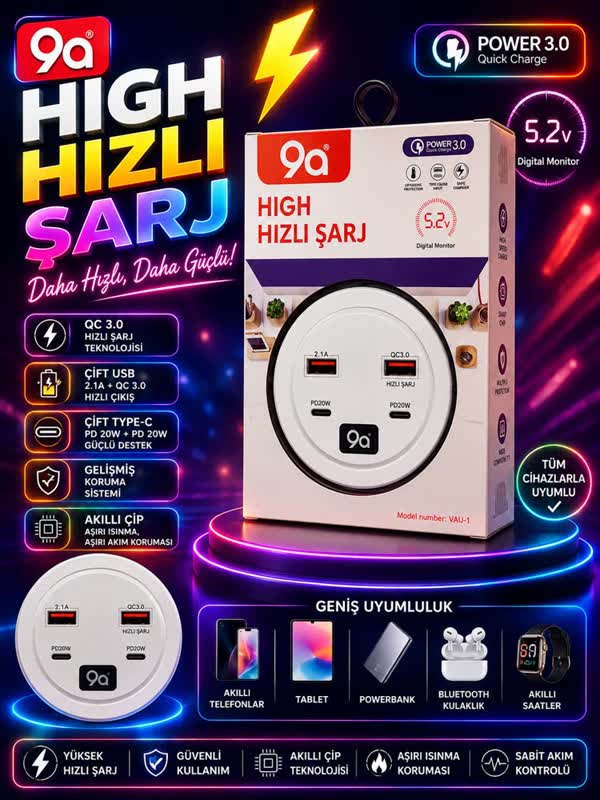 4 Port Hızlı Şarj Adaptörü