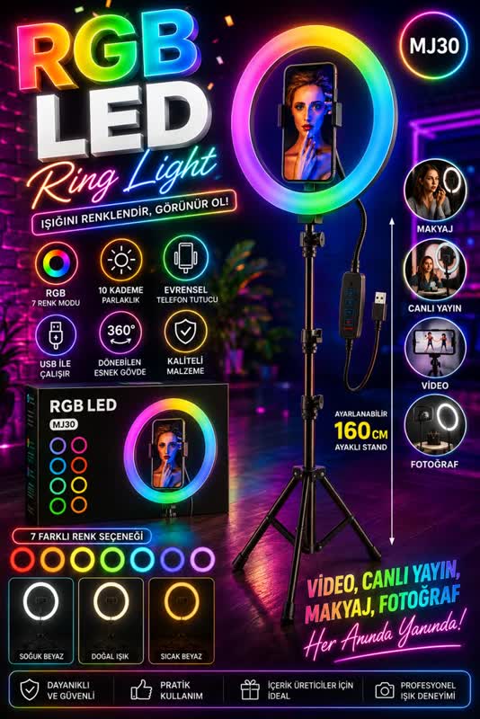 MJ30 160 cm RGB LED Ring Light ve Tripod