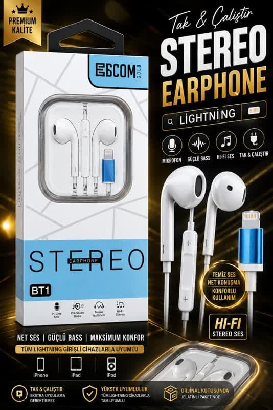 E6COM Gold BT1 Lightning Mikrofonlu Kablolu Kulaklık - Görsel 1