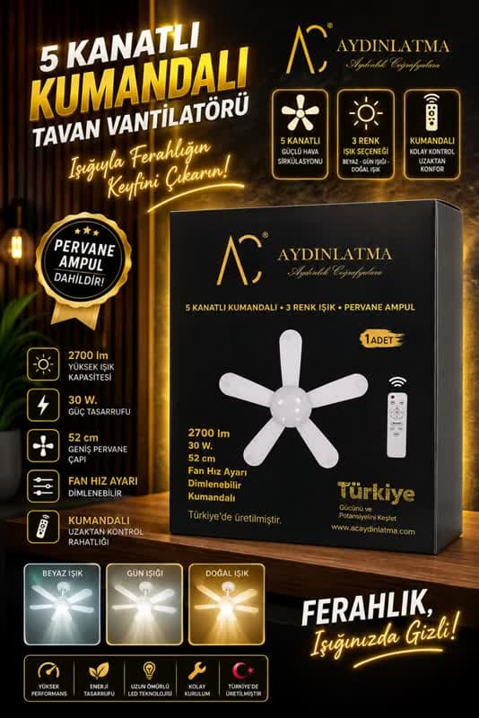 Kumandalı LED Işıklı Tavan Vantilatörü - Görsel 1