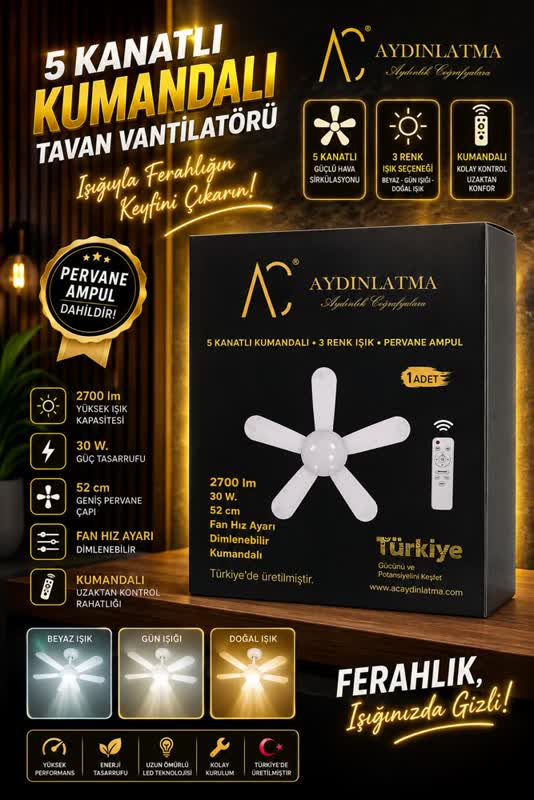 Kumandalı LED Işıklı Tavan Vantilatörü