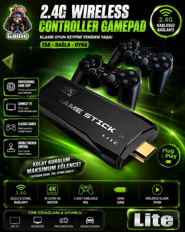 4K Game Stick Lite ve Çift Kablosuz Oyun Kolu