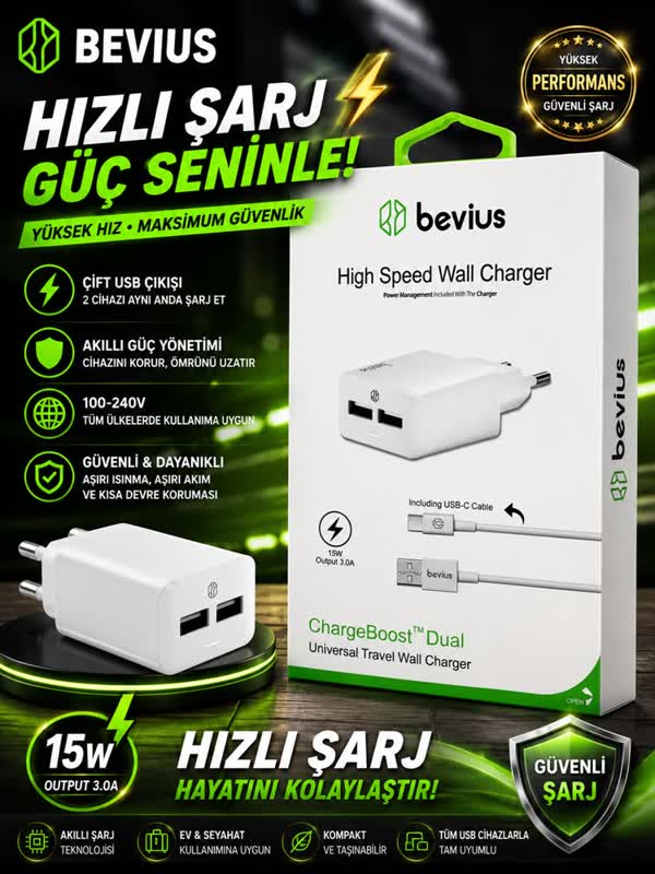 Bevius 15W Çift USB Type-C Şarj Seti