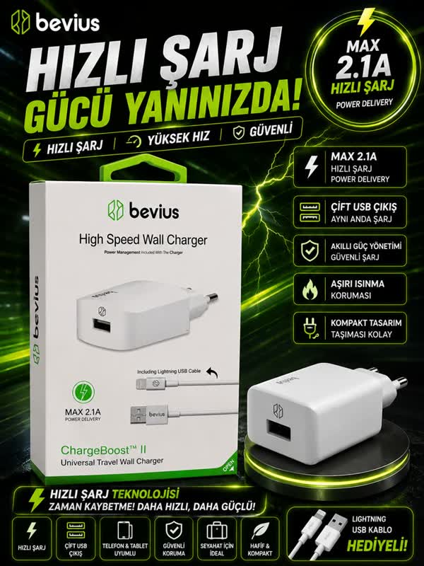 Bevius 2.1A USB Lightning Şarj Seti